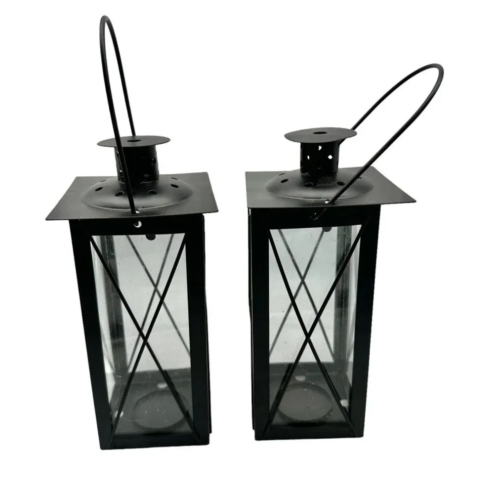 Pair of Candleholders Black Metal Hangs or Sits Holds Tealights or Votives